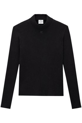 RIBBED KNIT SWEATER WITH LOGO PATCH IN BLACK - MEN Courreges | PERMPU008FI00019999