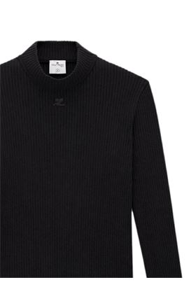 RIBBED KNIT SWEATER WITH LOGO PATCH IN BLACK - MEN Courreges | PERMPU008FI00019999