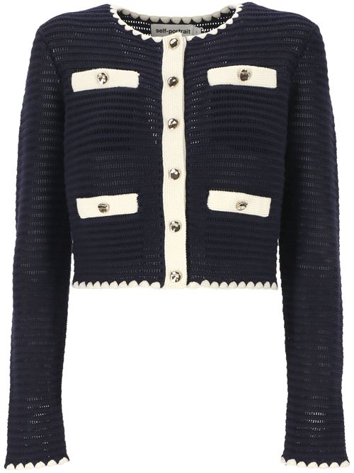 CARDIGAN BLU MARINO ALL'UNCINETTO CON PROFILI A CONTRASTO SELF-PORTRAIT | PF24-131JBLNAVY