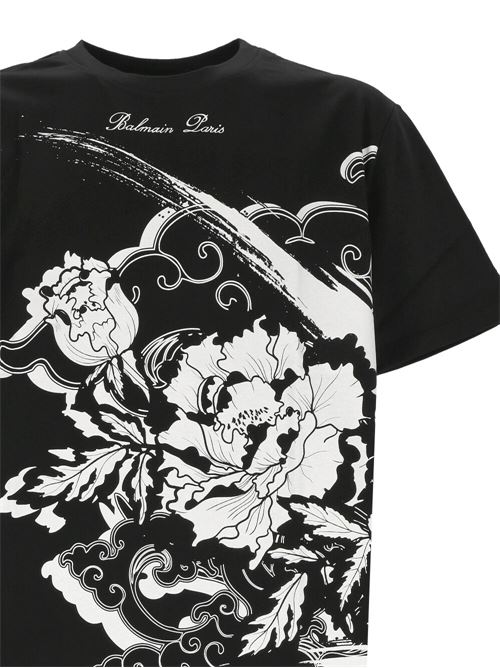 T-shirt nera con stampa floreale Balmain | CH0EG000GD51EAB