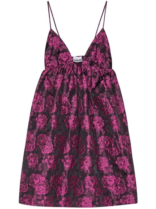 pink/black recycled polyester blend full jacquard botanical print V-neck triangle cup GANNI | F8796072