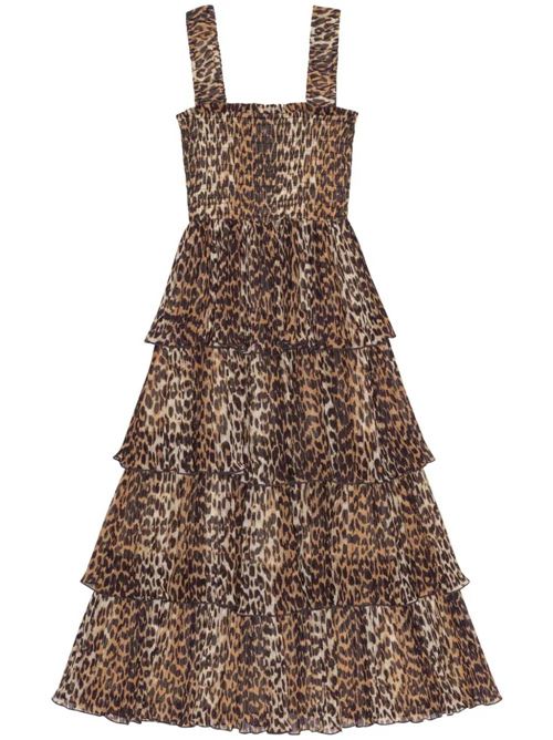 brown/multicolor recycled polyester georgette pleated details layered design leopard print Ganni | F8861859