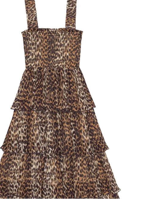 brown/multicolor recycled polyester georgette pleated details layered design leopard print Ganni | F8861859