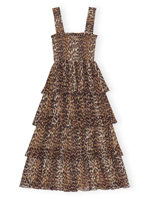 brown/multicolor recycled polyester georgette pleated details layered design leopard print Ganni | F8861859