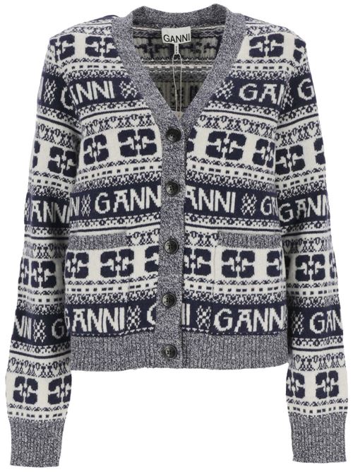 Blue/white knitted construction intarsia-knit logo cardigan Ganni | K2093683