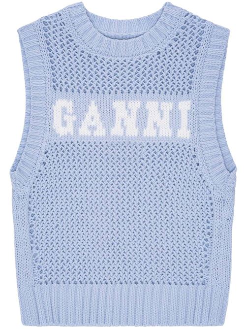 powder blue/white organic cotton blend intarsia-knit logo Ganni | K2100033