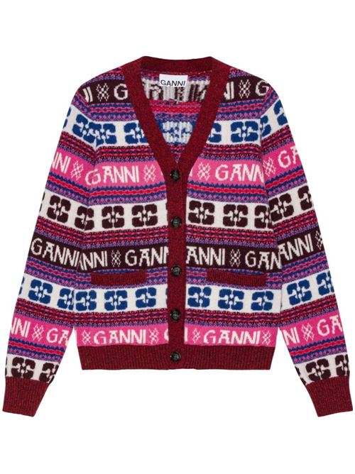 Cardigan in misto lana con logo rosa Ganni | K2122999