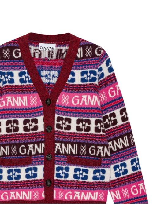 Cardigan in misto lana con logo rosa Ganni | K2122999