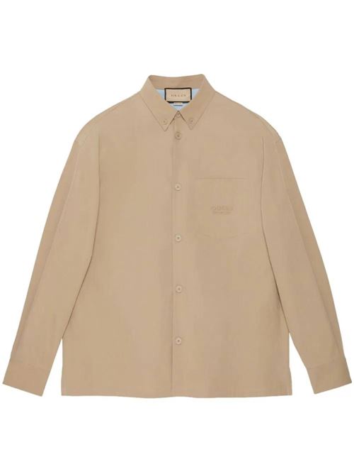 Camicia in cotone beige logo ricamato sul petto Gucci | 762164ZAPC41043