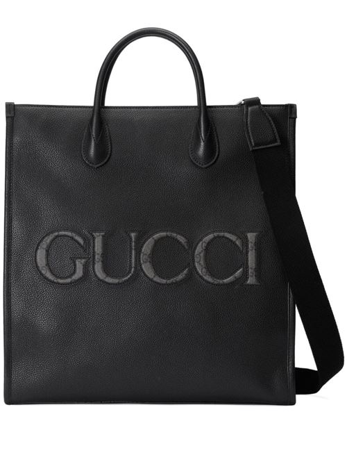 Black leather grained texture embossed logo bag Gucci | 770975AACXB1049