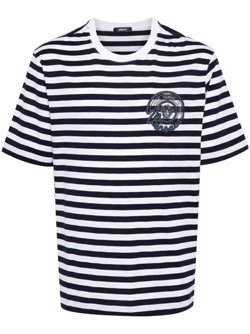 Navy blue/white cotton jersey t-shirt VERSACE | 10133021A098732WL60