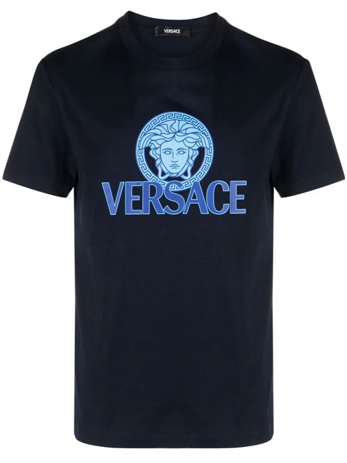 Navy blue cotton jersey t-shirt Versace | 10142261A100881UI20