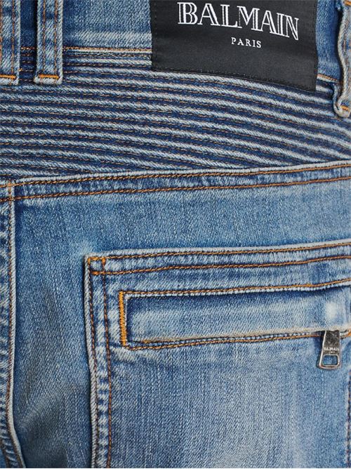 Denim di cotone elasticizzato blu indaco BALMAIN | EH1MG115DF446FF