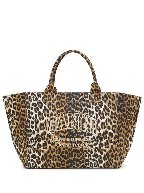 Borsa tote oversize in tela con stampa leopardata  GANNI | A5822943